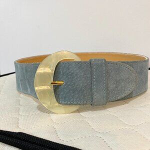 Vintage Jaeger Baby Blue Ostrich Textured Mother of Pearl Abalone Buckle Belt